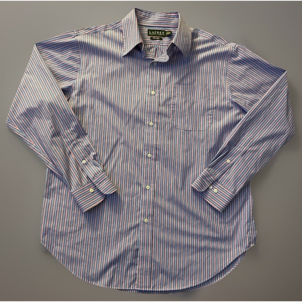 Lauren Ralph Lauren Long Sleeve Button Up Shirt Blue Pink Stripe 16.5 34/35 JBHS
